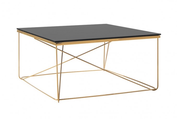 Square gold coffee table, black glass 80x80x43 cm