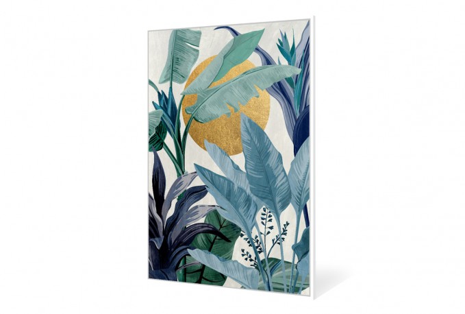 A painting with a tropical motif, golden circle sun 80x120 cm