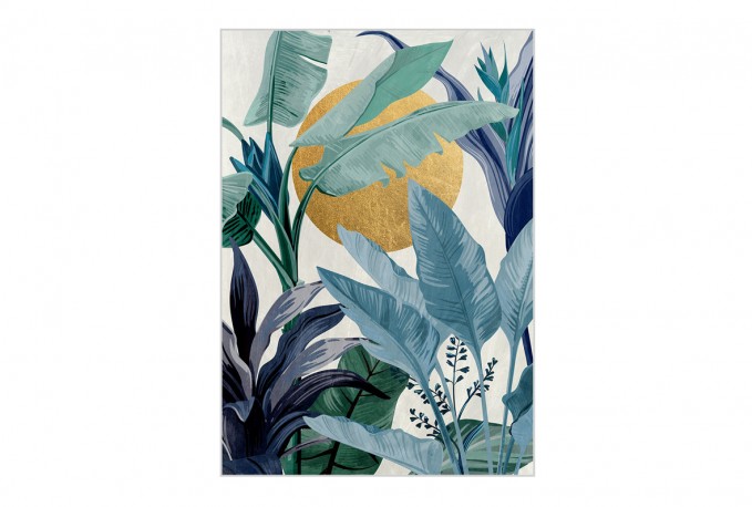 A painting with a tropical motif, golden circle sun 80x120 cm