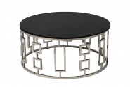 INA - Ø90CM SOFFBORD I ROSTFRITT SILVER STÅL/SVART GLASSKIVA