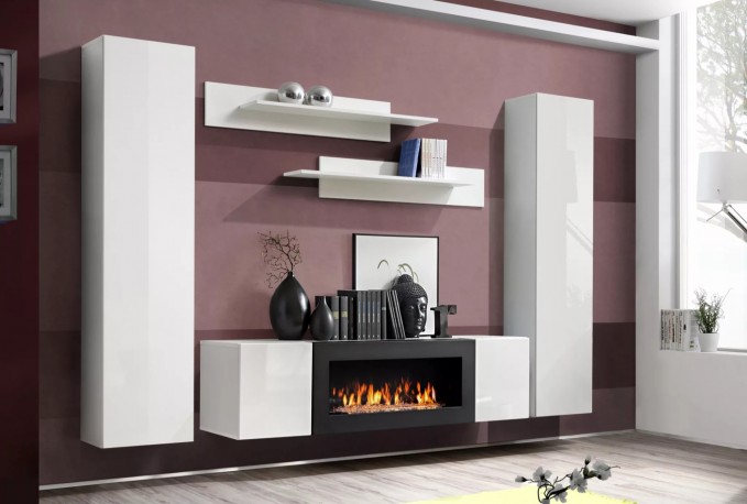 BARONE I - väggmonterad mediamöbelgrupp med öppen spis