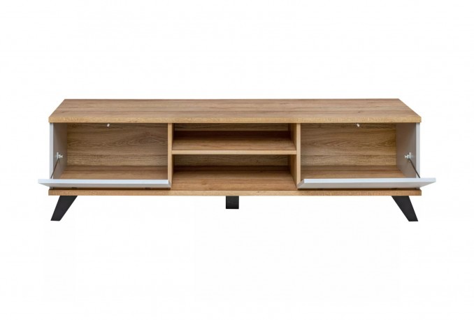 RANDAL - 160cm stilren TV-bänk i pärlgrå/riviera ek