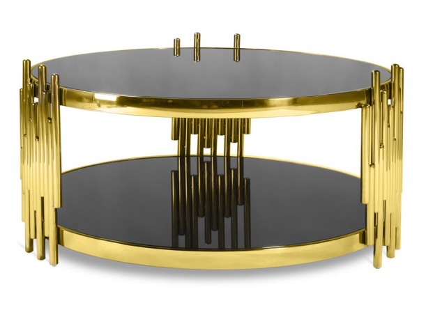 MYRA - Ø85CM GULD/SVART SIDOBORD I HÄRDAT GLAS