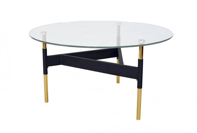 AURORA - Ø80CM SOFF/SIDOBORD I SVART/GULD M. GLASSKIVA