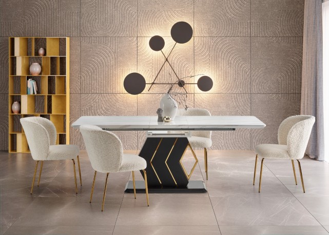 VINCENZO extendable table, top: white marble, black / gold leg