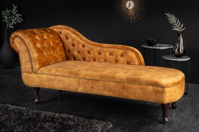 VIKTORIA - 170 cm SCHÄSLONG I CHESTERFIELD-STIL i senapsgul sammet