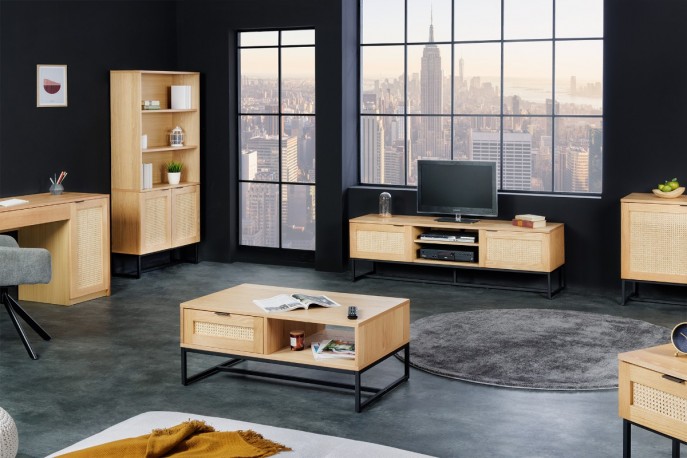 TROM - 100 cm soffbord i ekfanér/rottingväv