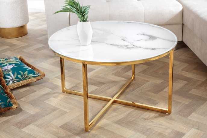 TASMIN - 80 cm soffbord i vitt marmorutseende/guld