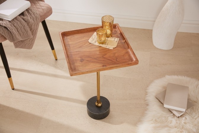 HOPE - 35 cm fyrkantigt sidobord i trä/marmor/guld