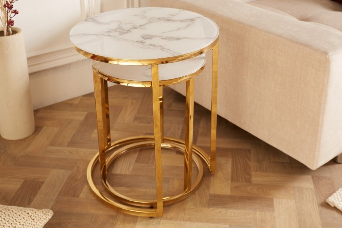 CHICAGO - 2 st. runda sidobord 40 cm i vitt kristallglas/guld
