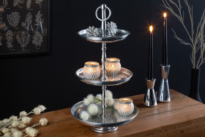 Cake stand Orient 3er 48cm silver hammer finish
