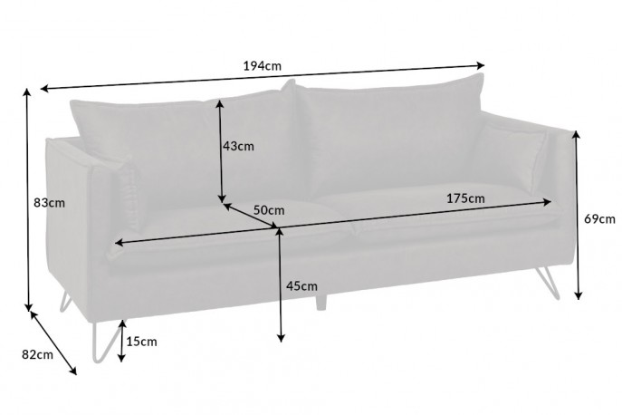 Sofa Rocco 3 seater gray retro hairpin feet