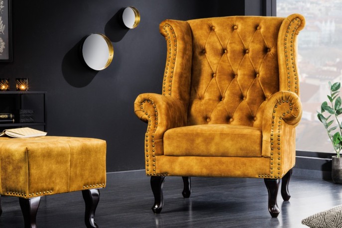 GEORGE - 85 cm chesterfield-fåtölj i senapsgul sammet