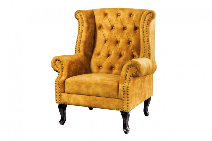 GEORGE - 85 cm chesterfield-fåtölj i senapsgul sammet