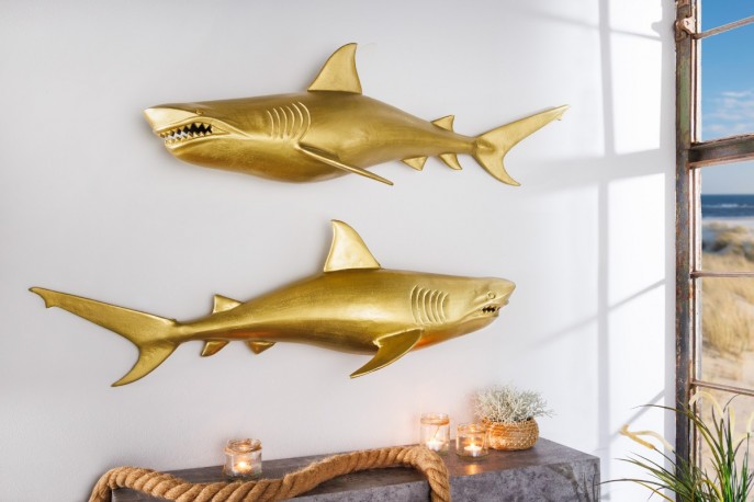 SHARK - 105 cm vänsterhängd haj-skulptur i guldfärg