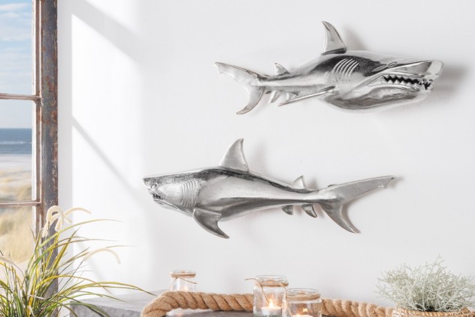 SHARK - set om 2 st. 70 cm haj-dekoration i silverfärg