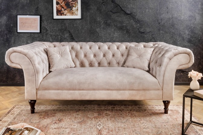 TED - 225 cm chesterfield-soffa i champange-färgad sammet