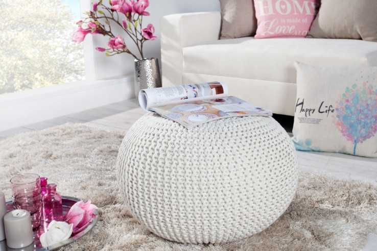 Pouf Leeds 50cm weiss aus Strick