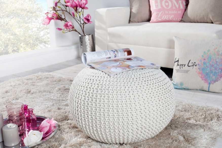 Pouf Leeds 50cm weiss aus Strick
