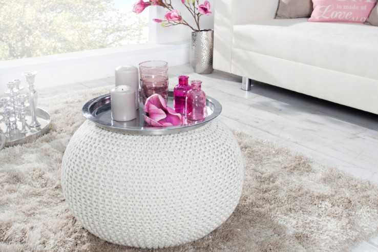 Pouf Leeds 50cm weiss aus Strick