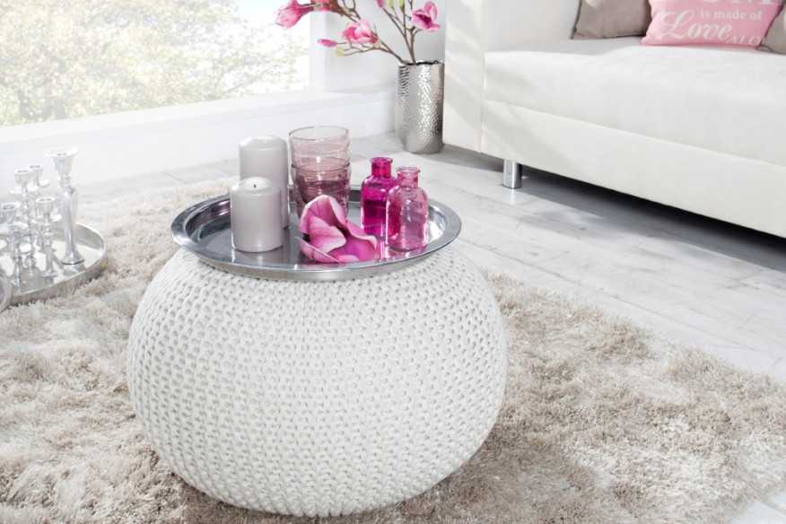 Pouf Leeds 50cm weiss aus Strick