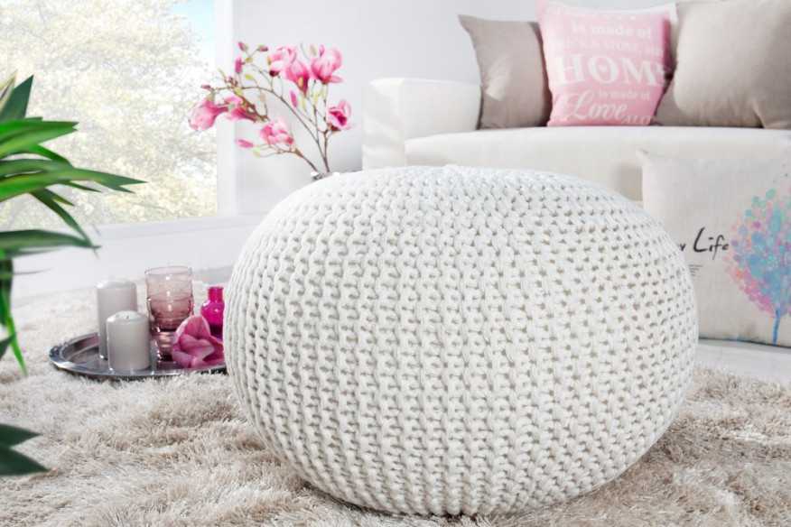 Pouf Leeds 50cm weiss aus Strick
