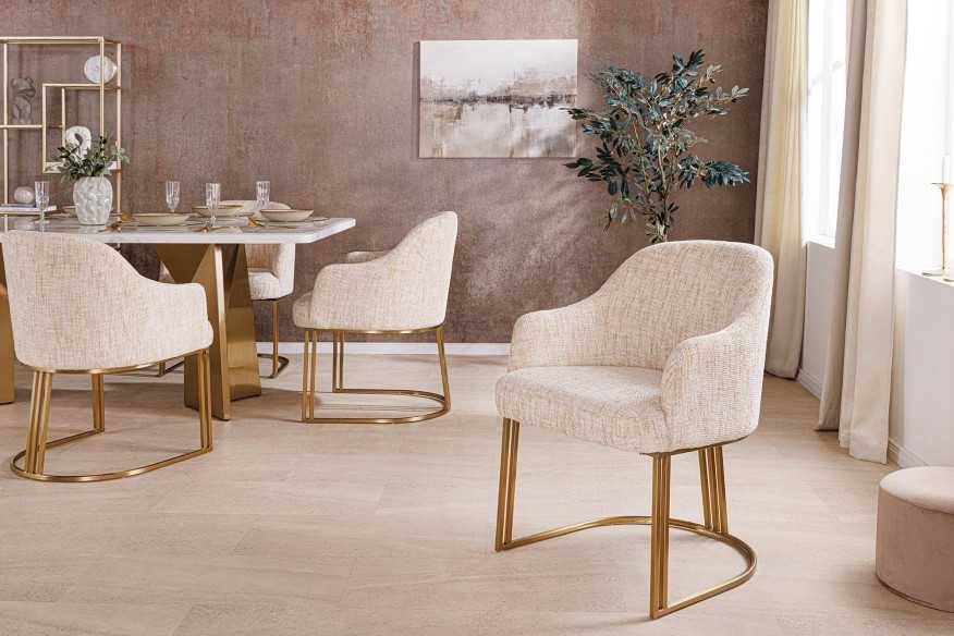 Chair EXTRAVAGANCIA beige chenille fabric w/ armrests and champagne golden frame